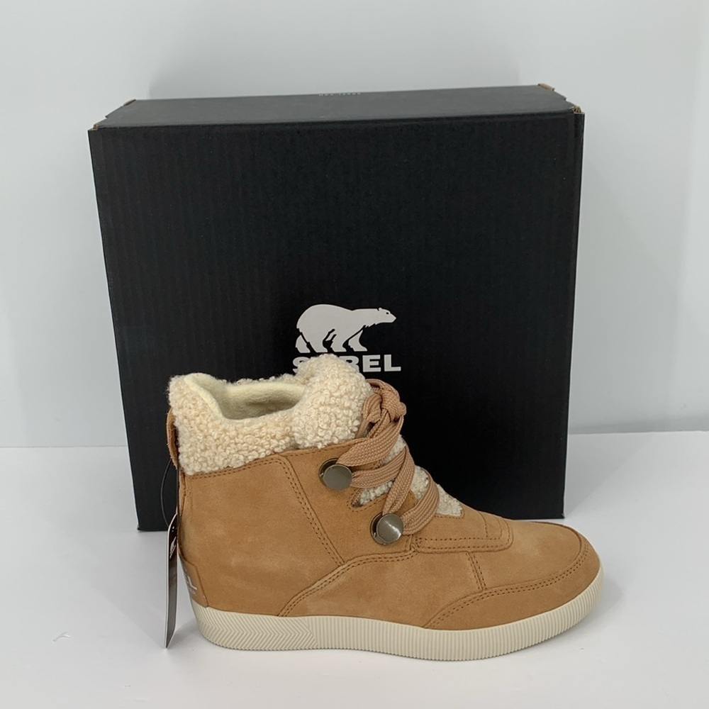 Sorel Out n About Cozy hidden wedge boot suede hiking shearling winter tan new 8